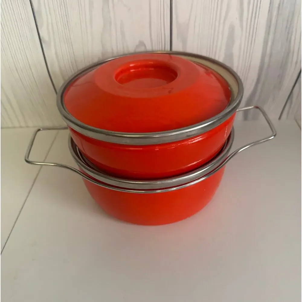 MCM Set of 2 Enamel Bright Red-Orange Lidded Cooking Pots Handle Lid